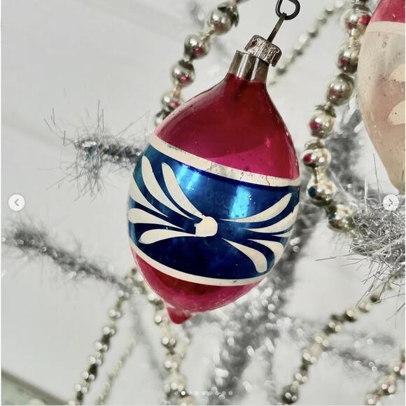 Vintage Christmas Tree Ornaments Teardrop Pink Aqua Blue Glass Poland Set 3 - Picture 2 of 9